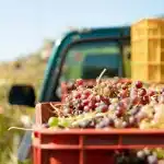 Grappes de raisin et résidus de vendange sur bois, vignoble en arrière-plan