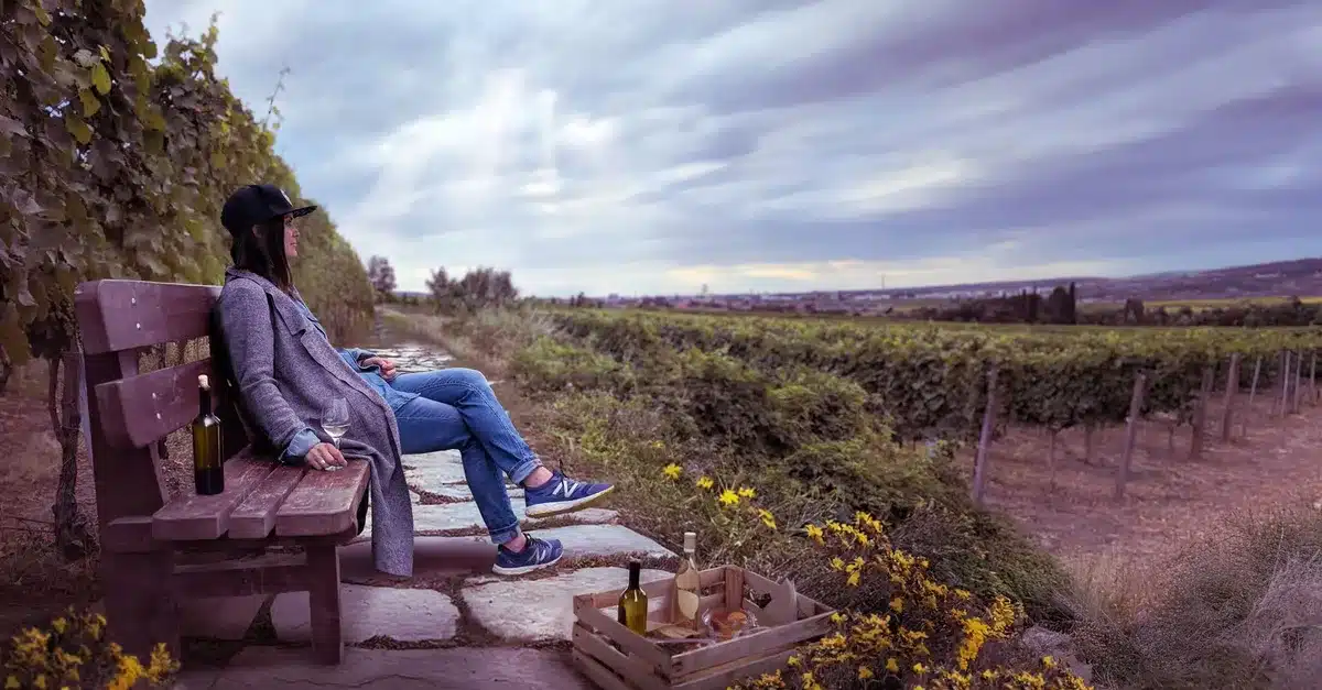 Verre de vin tenu à la main devant des vignobles en pente et un château au loin