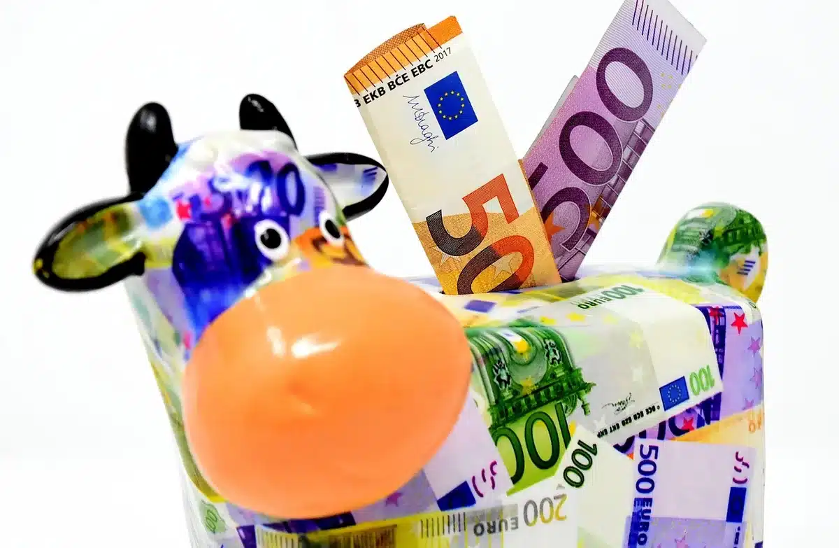 Mains anonymes comptant des billets euro près d'une petite tirelire sur une table