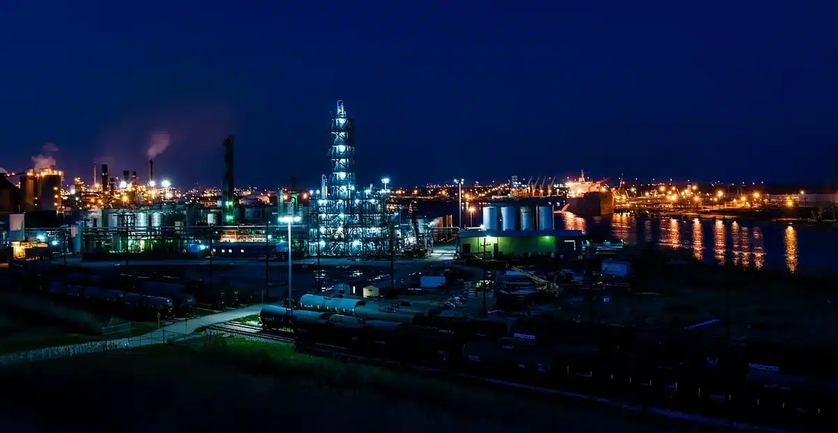 Travailleurs effectuant la maintenance d'un pipeline près d'une raffinerie